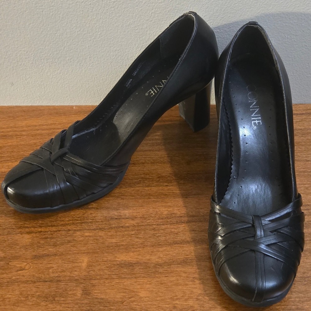 Connie Bonita Black Leather Block Heel Pumps Woven Toe Professional Shoes 7.5M